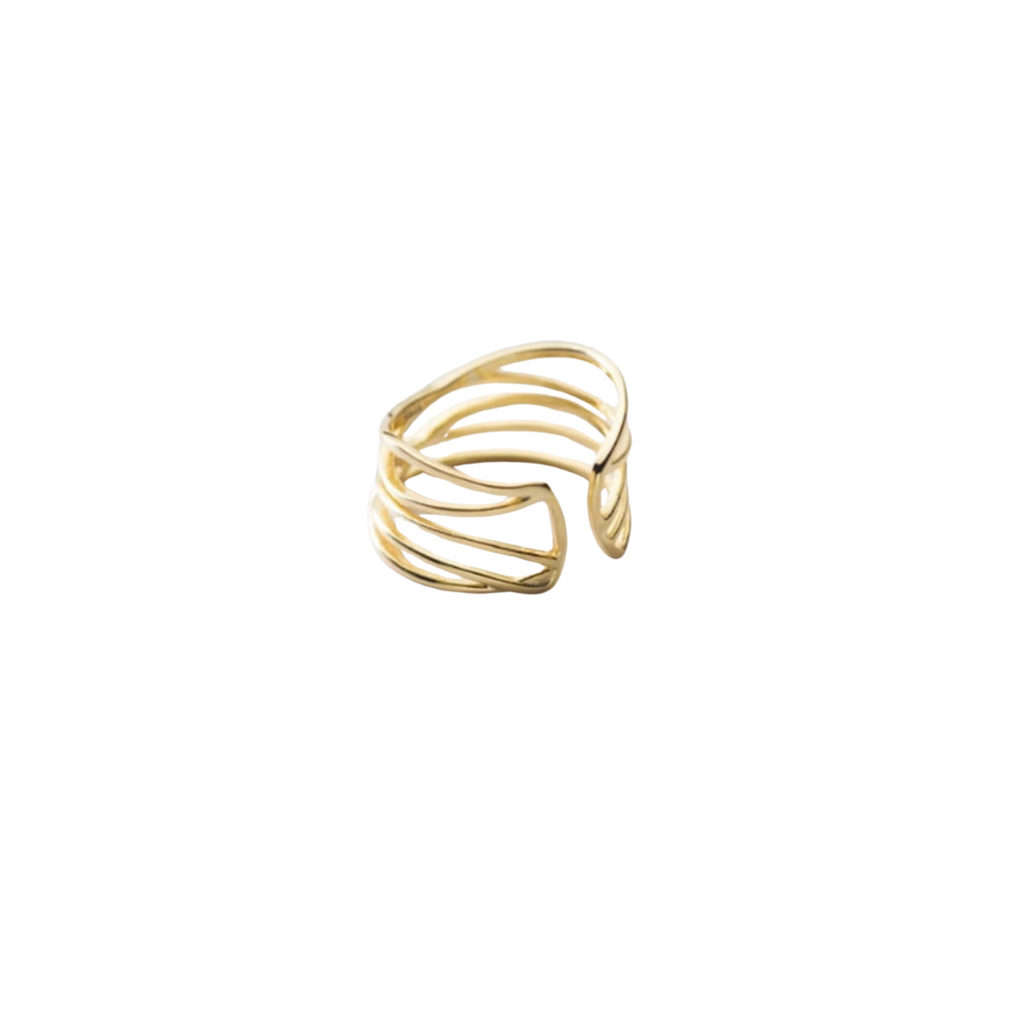 A gold-colored open-loop ring on a white background, representing the Tessa Ring product.