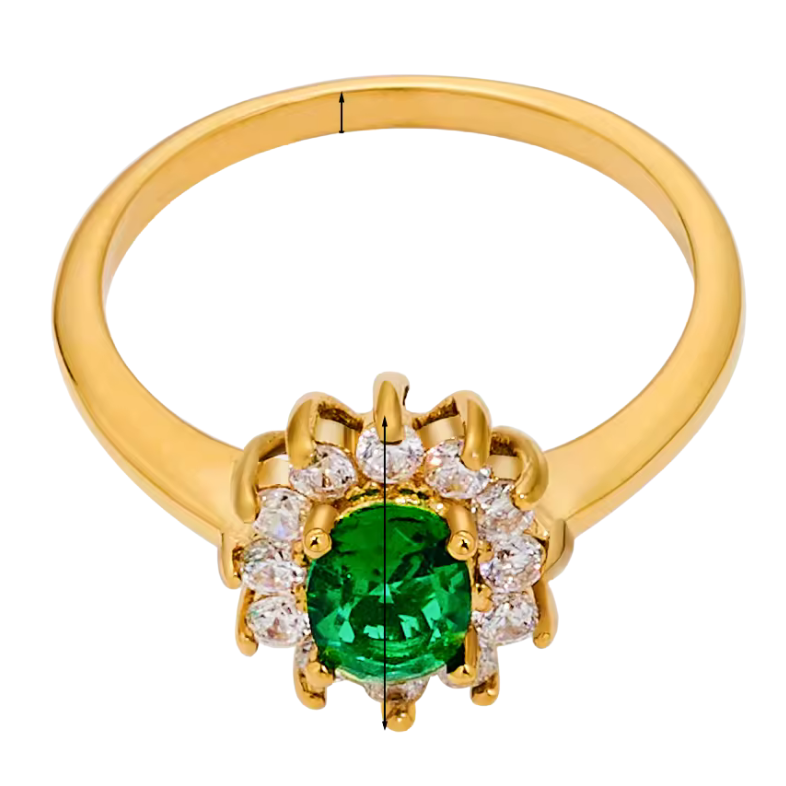 Gold ring with a green gemstone on a white background
