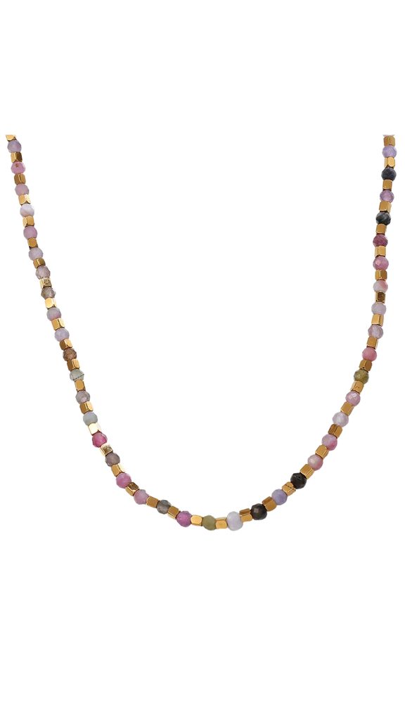 Multicolored beaded necklace on a white background
